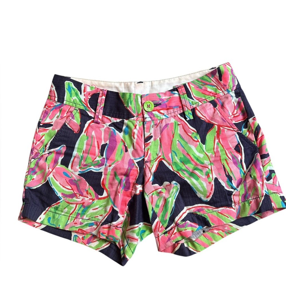 Lilly Pulitzer Pink and Green Bermuda Shorts Vibrant Tropical Print